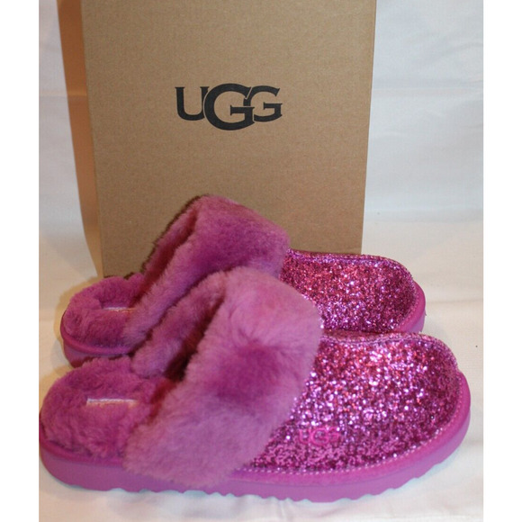 NIB UGG Metallic‎ Cozy Shearling Slippers YOUTH 5 FITS WOMENS 6.5-7 Pink - Picture 1 of 9